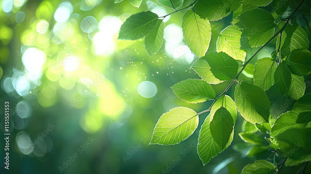 Canvas Prints Blurred bokeh idea. Vibrant green leaves illuminated by soft sunlight, creating a serene natural atmosphere.