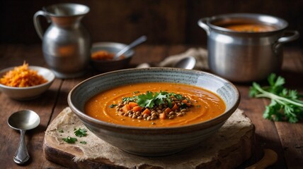 Creamy carrot lentil soup garnished with fresh cilantro and served with bread. Rustic autumnal vibe