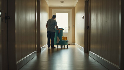 Janitor with cleaning cart standing in hallway by sunlight-filled door

