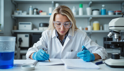 Female scientist analyzing data in laboratory with microscope

