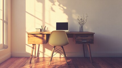 Sunlit Home Office Workspace: Minimalist Desk with Laptop and Chair