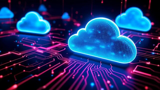 Cloud Computing: A futuristic and abstract rendering of cloud computing technology, represented by glowing blue cloud icons floating over a neon-lit circuit board.