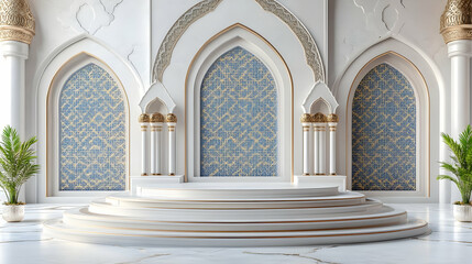 Fototapeta premium Elegant interior space with arches, decorative walls, and a stage for events.