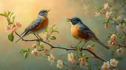 Obraz premium A pair of nesting birds perched on budding branches, the pic