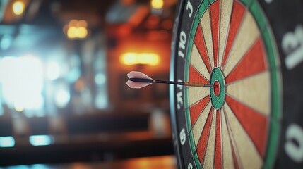 Dart arrow hitting the bullseye on a dartboard.