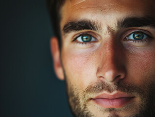 Fototapeta premium Close-Up Portrait of a Man in His 30s with Stubble, Highlighting His Unique Features and Expressions