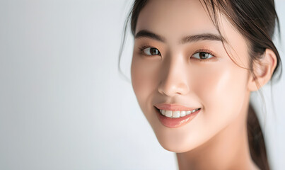 Naklejka premium Radiant Expression of Joyful Woman with Natural Makeup and Smile