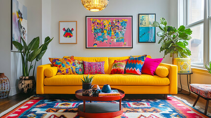 Bohemian Eclectic Living Room Decor: Colorful Yellow Sofa and Vibrant Interior Design