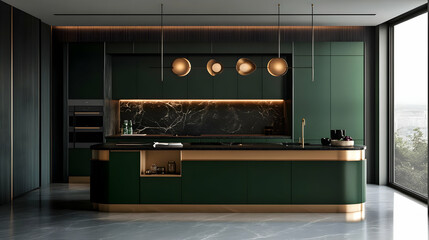 Modern Dark Green Luxury Kitchen with Gold Accents and Marble Backsplash