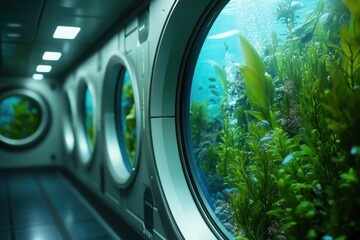 Future sustainability concept. A serene underwater view through circular windows reveals vibrant marine plants and fish, creating a tranquil atmosphere in a modern aquatic environment.