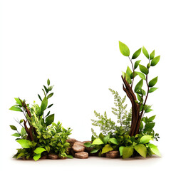 Obraz premium Lush greenery with vibrant leaves and stones on a white isolated background, perfect for nature-themed designs.