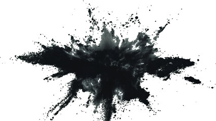 Abstract explosion of black powder and debris creating a dramatic cloud against a white background. Explosive black powder burst effect isolated on white background. Black chalk explosion. Black powde