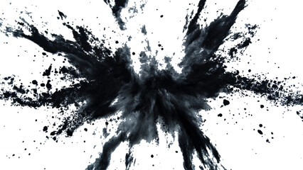 Abstract explosion of black powder and debris creating a dramatic cloud against a white background. Explosive black powder burst effect isolated on white background. Black chalk explosion. Black powde