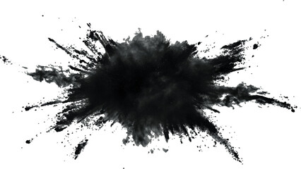 Explosive black powder burst against a white background. Closeup of black dust particles explode isolated on white background.