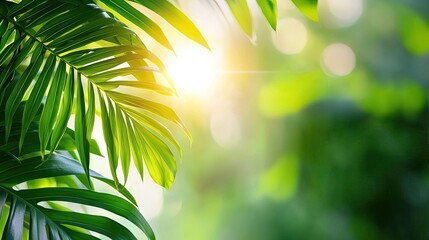 Blurred bokeh idea. Lush green palm leaves illuminated by soft sunlight in a serene natural setting.