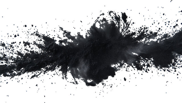 Explosive black powder burst against a white background. Closeup of black dust particles explode isolated on white background.