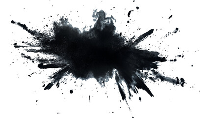 Black powder explosion with dark colors isolated white background. Abstract powder splatted on white background, 