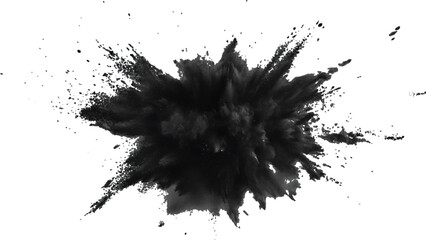 Black powder explosion with dark colors isolated white background. Abstract powder splatted on white background, 