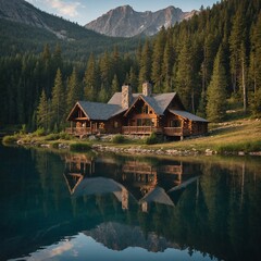 Fototapeta premium house on the lakeA beautiful mountain retreat with log cabins, overlooking a serene lake and forest.