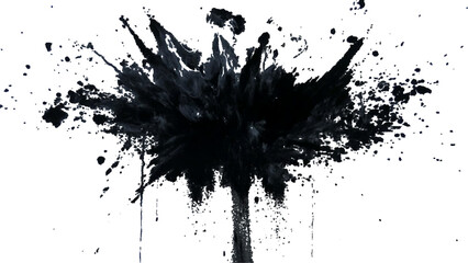 Black powder explosion with dark colors isolated white background. Abstract powder splatted on white background, 