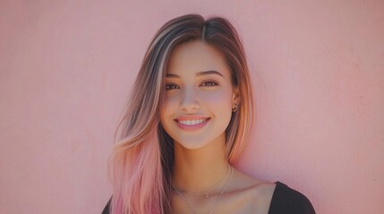 Fototapeta premium Chic young woman smiling, showing shiny straight hair in warm peach-toned background, capturing bold style, sleek vibrance, timeless beauty, and effortless sophistication
