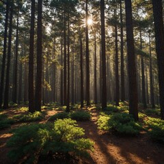 Naklejka premium A pine forest with sunlight streaming through the needles.