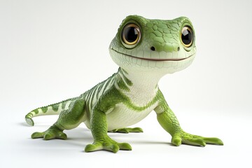 Obraz premium A cartoonish green lizard with large eyes stands on a white background