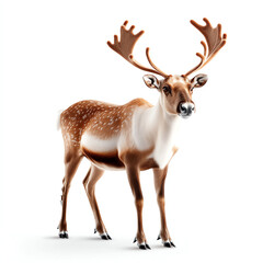 Fototapeta premium Realistic reindeer standing with prominent antlers, studio-lit against a white isolated background.