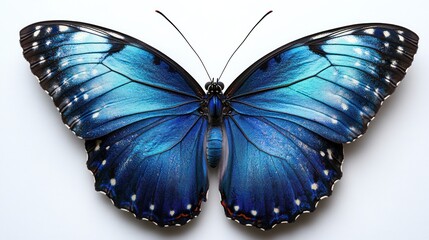 Fototapeta premium Vibrant blue butterfly with intricate wing details on a white background.