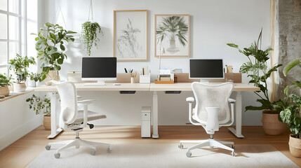 Modern Minimalist Home Office Setup with Plants and Ergonomic Chairs
