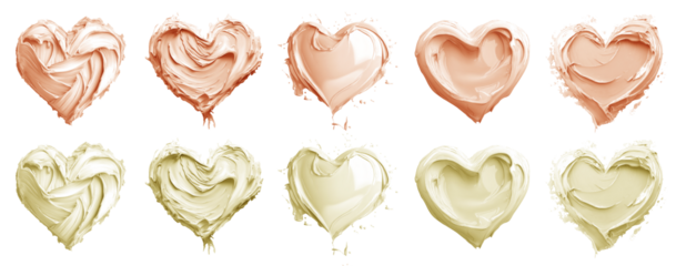 2 Collection set of pastel light yellow orange, love heart shape blob paint ink liquid smear smudge swatch cream gel wax on transparent cutout, PNG file. Many different design. Mockup template artwork