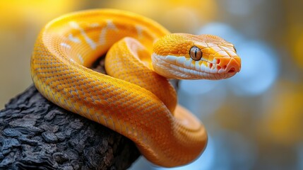 Obraz premium Golden Serpent Embrace: A Captivating Close-up of a Vibrant Snake Coiled Around a Weathered Branch