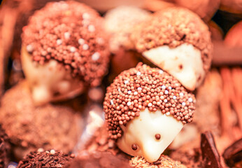 Close-up of assorted chocolate-covered treats adorned with sprinkles, showcasing a delicious variety of textures and a rich, inviting color palette.