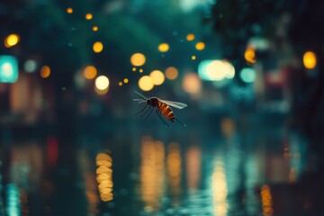 Mosquito in Flight Captured Mid-Motion Against a Blurred Urban Background with Bright Directional Lighting Reflected in Stagnant Water