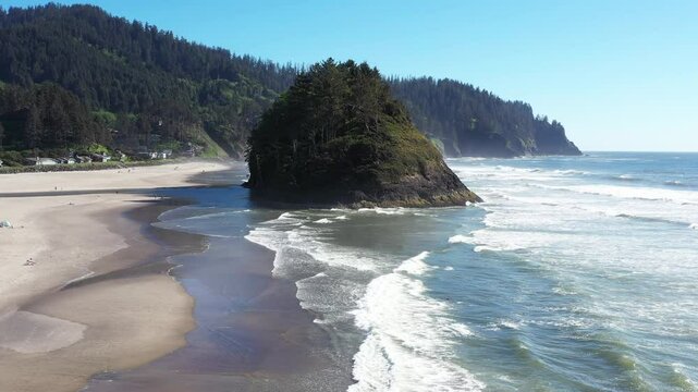 A rare aerial drone video of Neskowin Beach and Proposal Rock on the Oregon Coast, filmed during sunny spring 2020. Captured amidst COVID-19 lockdown, showcasing the empty beach due to restrictions