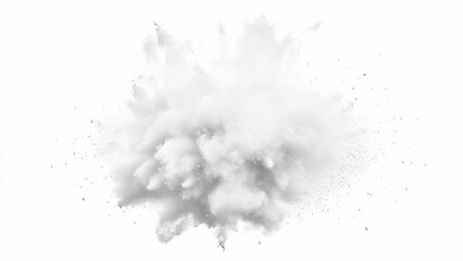 White Powder Explosion, Bright white paint color powder explosion. White powder explosion cloud against white background. White dust particle splash. 