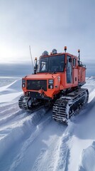 Heavy vehicle navigating snowy terrain in winter landscape mobile phone wallpaper