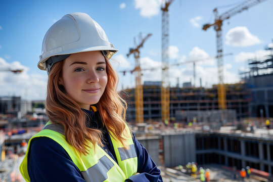 young female apprentice graduate on building site wearing hard hat, high vis vest with cranes on the horizon