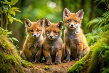 Obraz premium Adorable red fox kits peek from their den, showcasing their playful nature.