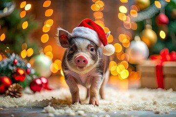 Adorable tilt-shift photo: A miniature Santa pig, festively adorned, brings Christmas cheer.