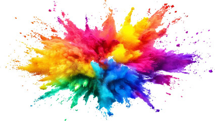 Holi colors splash powder. Explosion of colored powder, isolated on transparent background. Rainbow colored powder bursts on a white backdrop, holi festival celebrations
