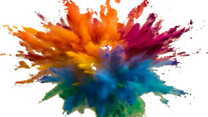 Holi colors splash powder. Explosion of colored powder, isolated on transparent background. Rainbow colored powder bursts on a white backdrop, holi festival celebrations