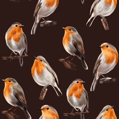 Robin's eggs, seamless satin with birds on a dark background