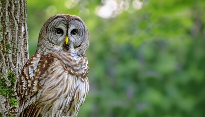 Fototapeta premium A Wise Owl Perched on Tree in a Lush Garden and Copy Space