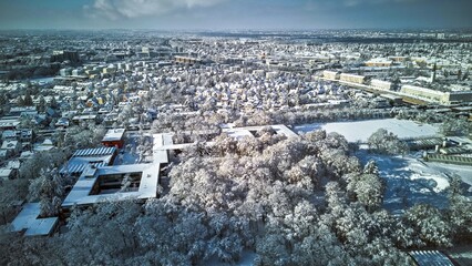 Munich in winter is full of snow. View from above. Aerial View