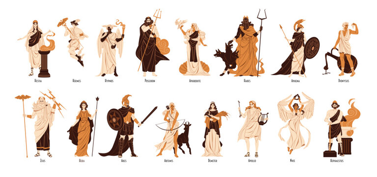 Set of ancient Greek gods and goddesses. Characters of Greece mythology. Different Olympians: Zeus, Poseidon, Dionysus, Athena, Aphrodite, Hera. Flat isolated vector illustrations on white background
