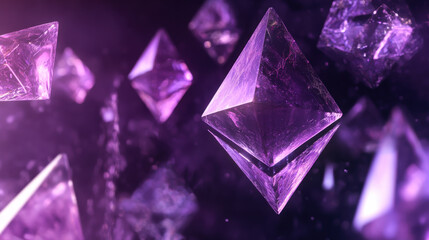 Deep purple crystals floating in an abstract cosmic space with a mystical ambiance and glowing energy