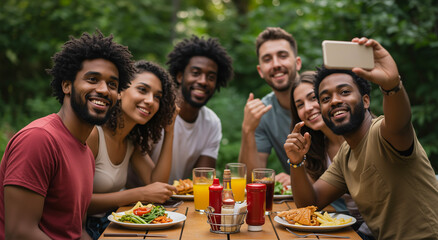 Obraz premium Selfie, group and friends with taking picture, celebration and event in outdoor. Multiethnic people, happy, together and reunion with social, food and gathering