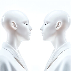 Fototapeta premium Two white mannequins facing each other, isolated on a bright white background, creating a modern and minimalist aesthetic.