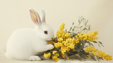 Obraz premium White Bunny and Mimosa Bouquet: A fluffy white rabbit picture